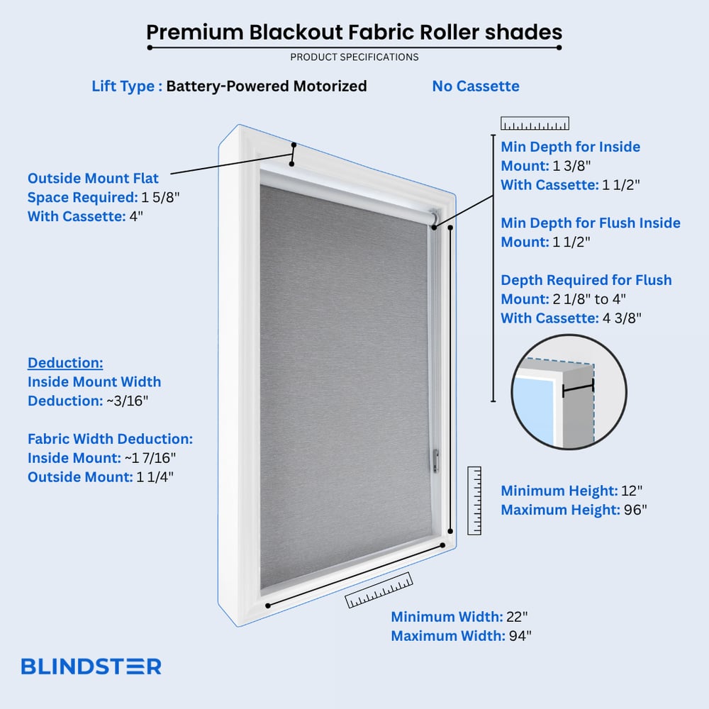 Premium Blackout Fabric Roller Shades dimensions diagram 3 of 3