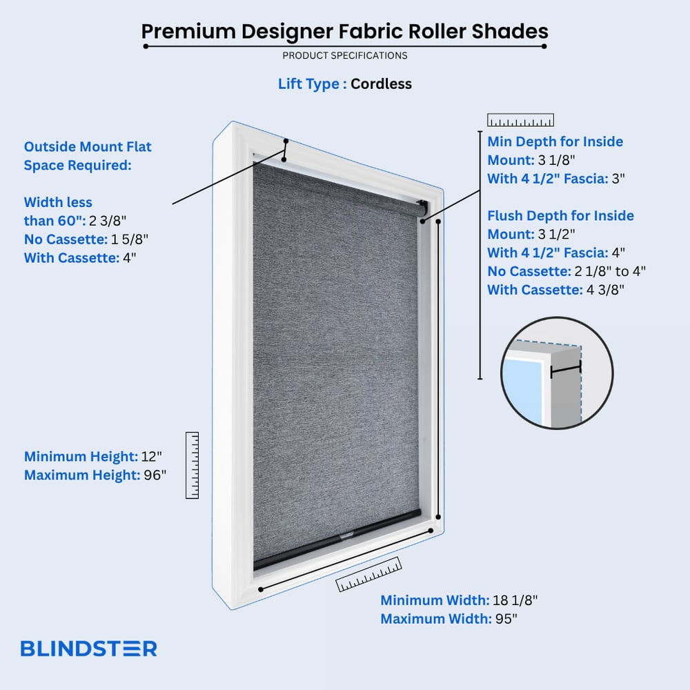 Premium Designer Fabric Roller Shades dimensions diagram 2 of 4