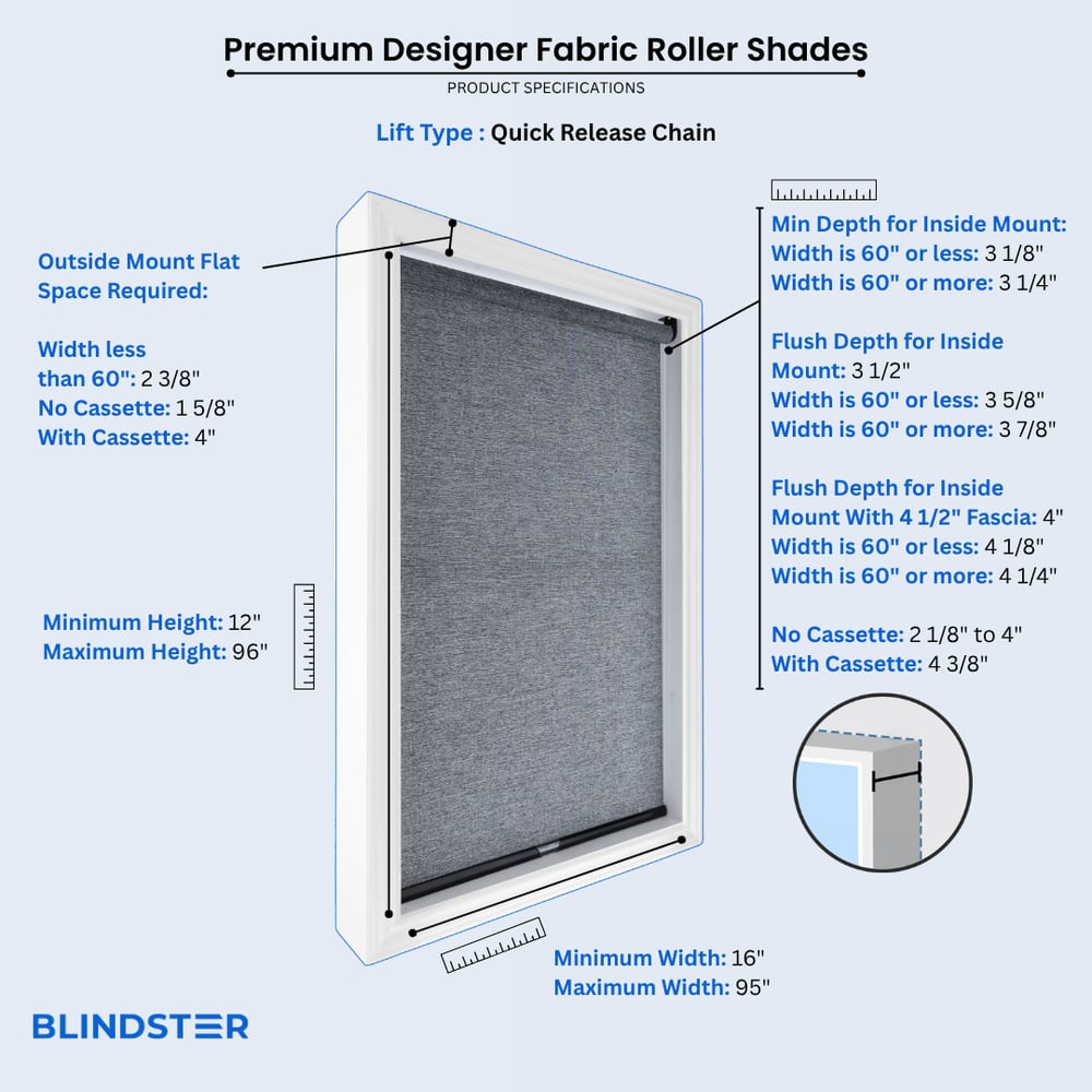 Premium Designer Fabric Roller Shades dimensions diagram 3 of 4