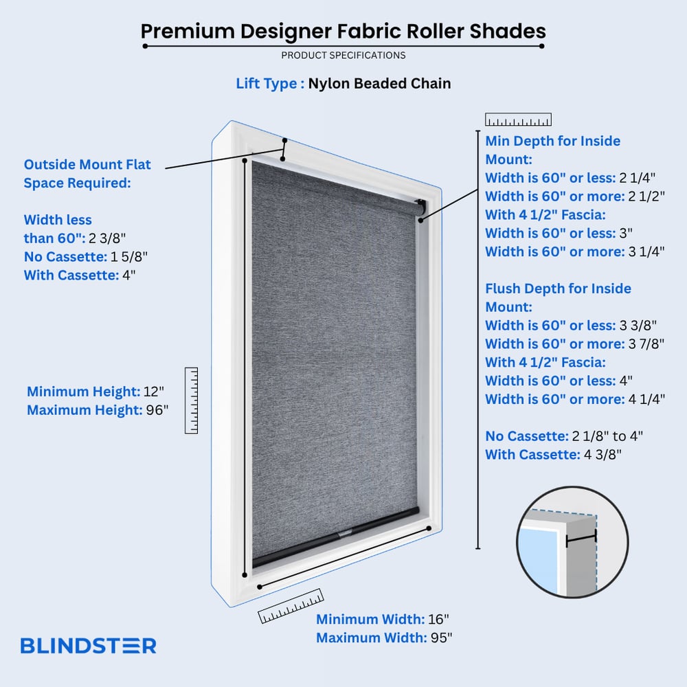 Premium Designer Fabric Roller Shades dimensions diagram 1 of 4