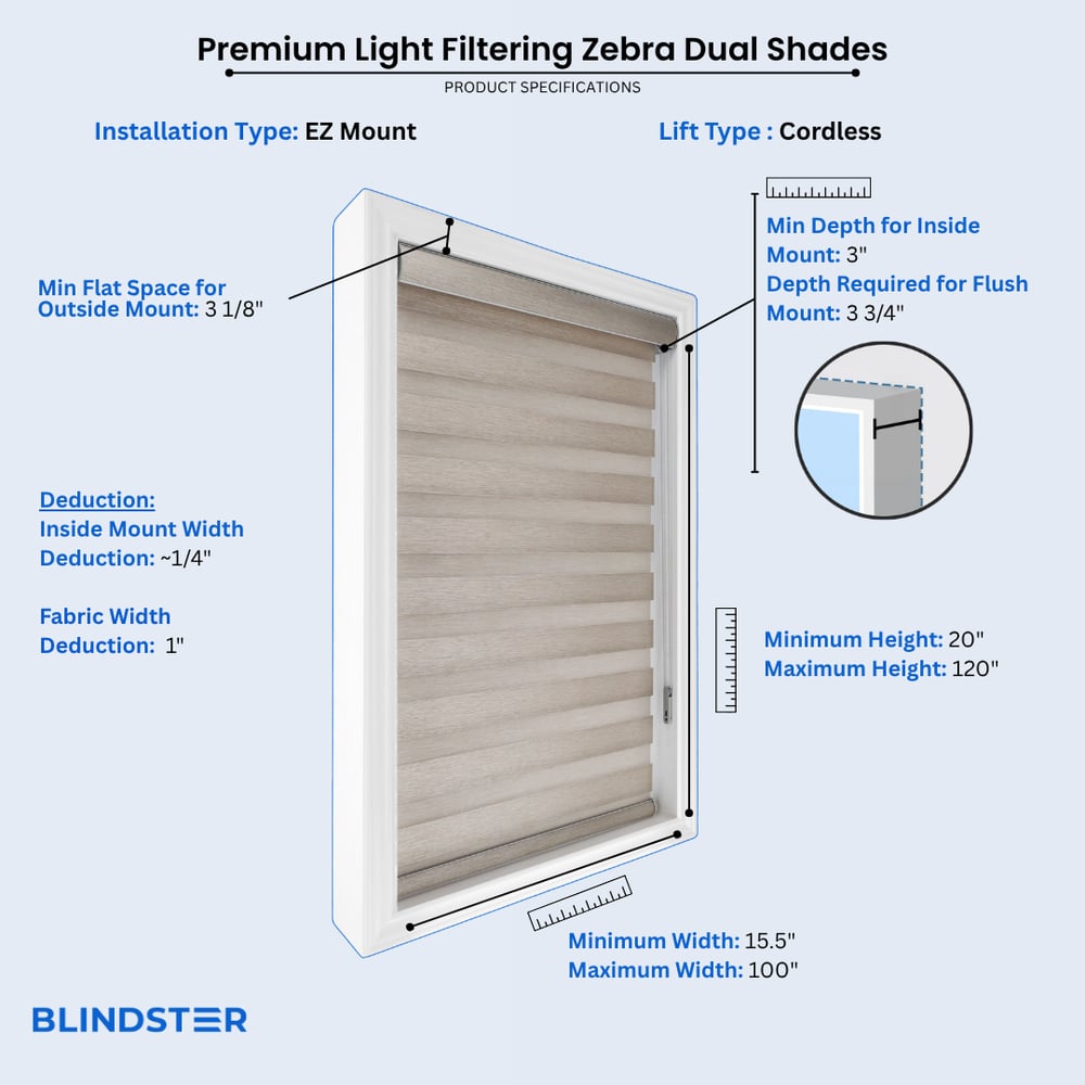 Premium Light Filtering Zebra Dual Shades dimensions diagram 4 of 6