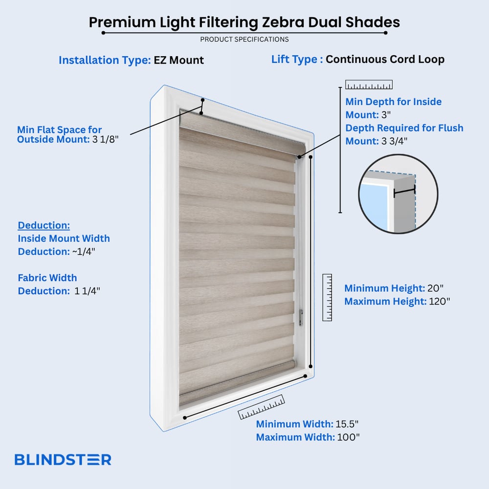 Premium Light Filtering Zebra Dual Shades dimensions diagram 2 of 6