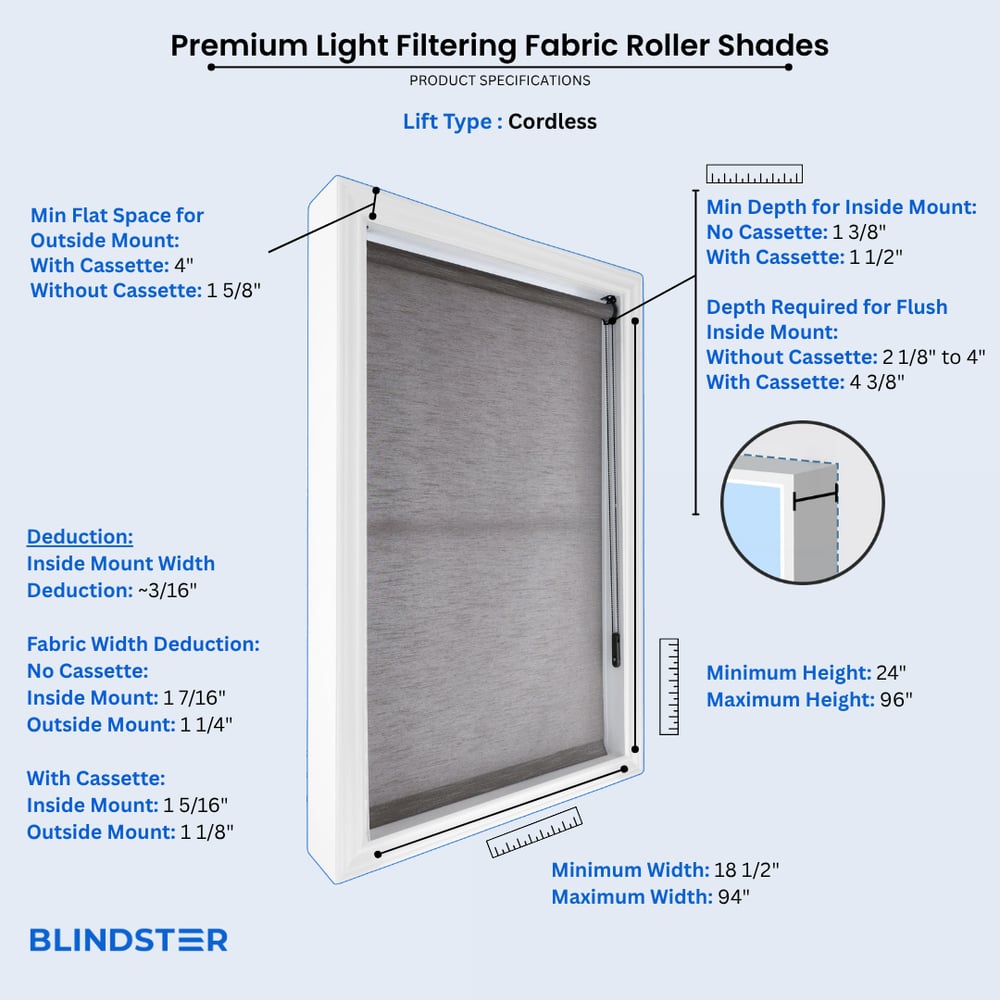 Premium Light Filtering Fabric Roller Shades dimensions diagram 2 of 3