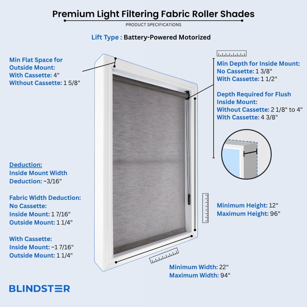 Premium Light Filtering Fabric Roller Shades dimensions diagram 3 of 3