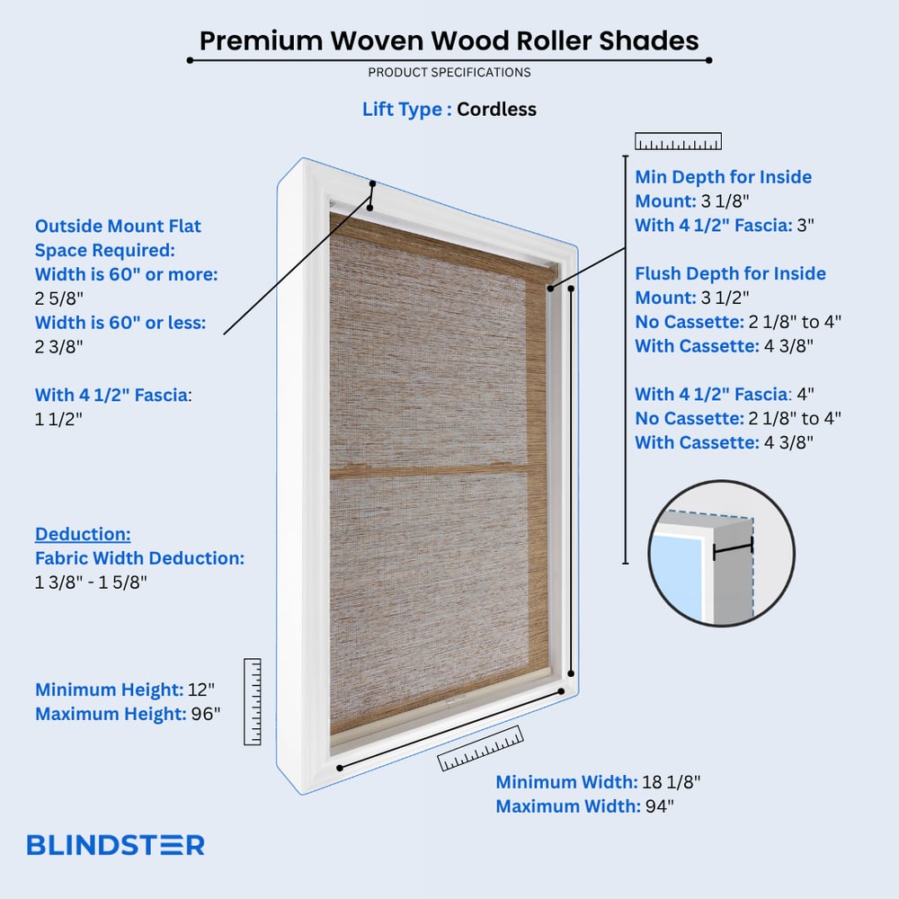 Premium Woven Wood Roller Shades dimensions diagram 2 of 4