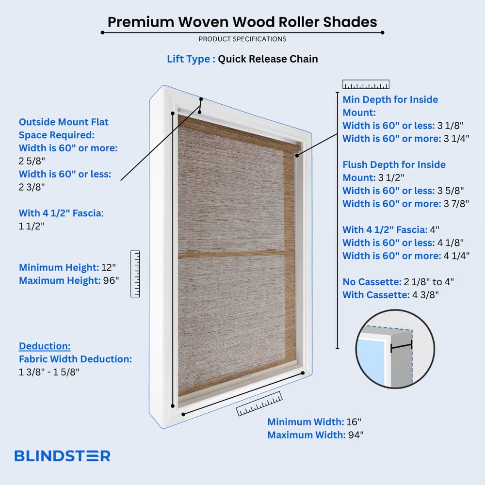 Premium Woven Wood Roller Shades dimensions diagram 3 of 4