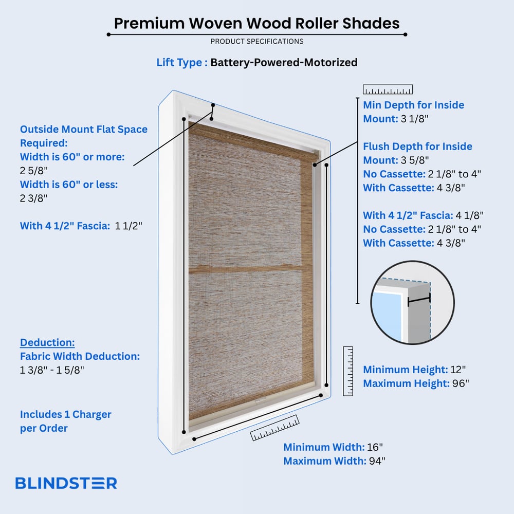 Premium Woven Wood Roller Shades dimensions diagram 4 of 4