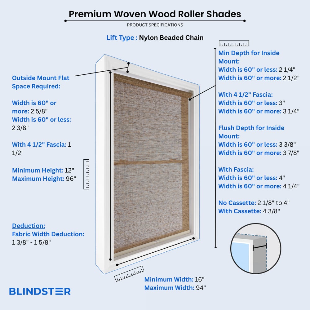 Premium Woven Wood Roller Shades dimensions diagram 1 of 4