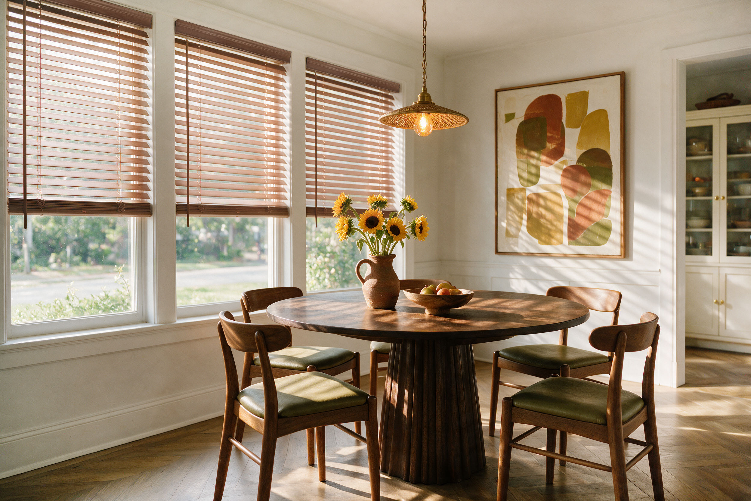 A dining room with wood blinds