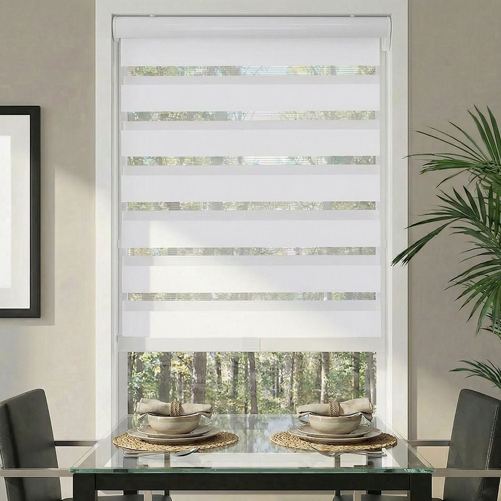 Deluxe Light Filtering Zebra Dual Shades in Ice White 