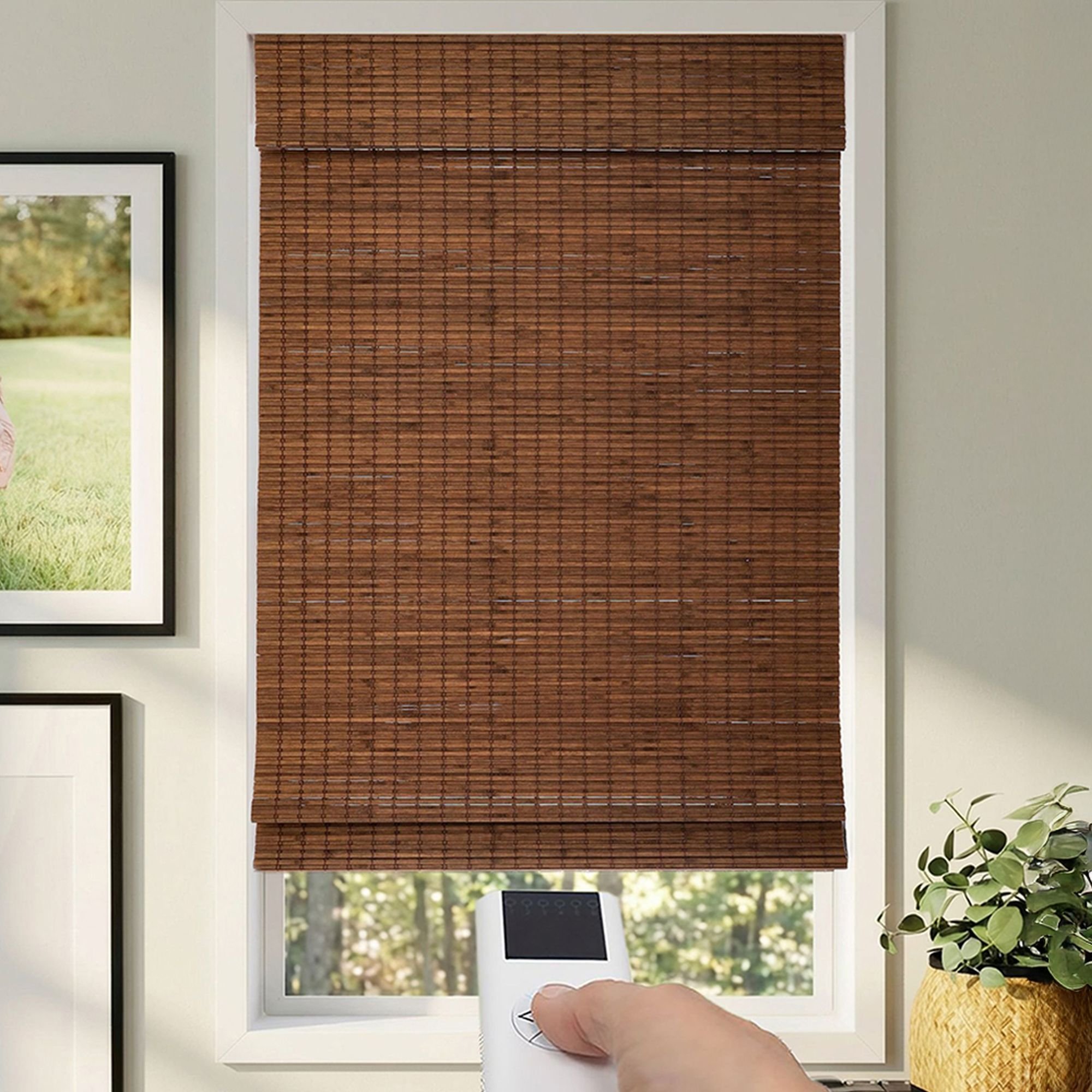Super Value Motorized Bamboo Woven Wood Shades - Eastfield Teak