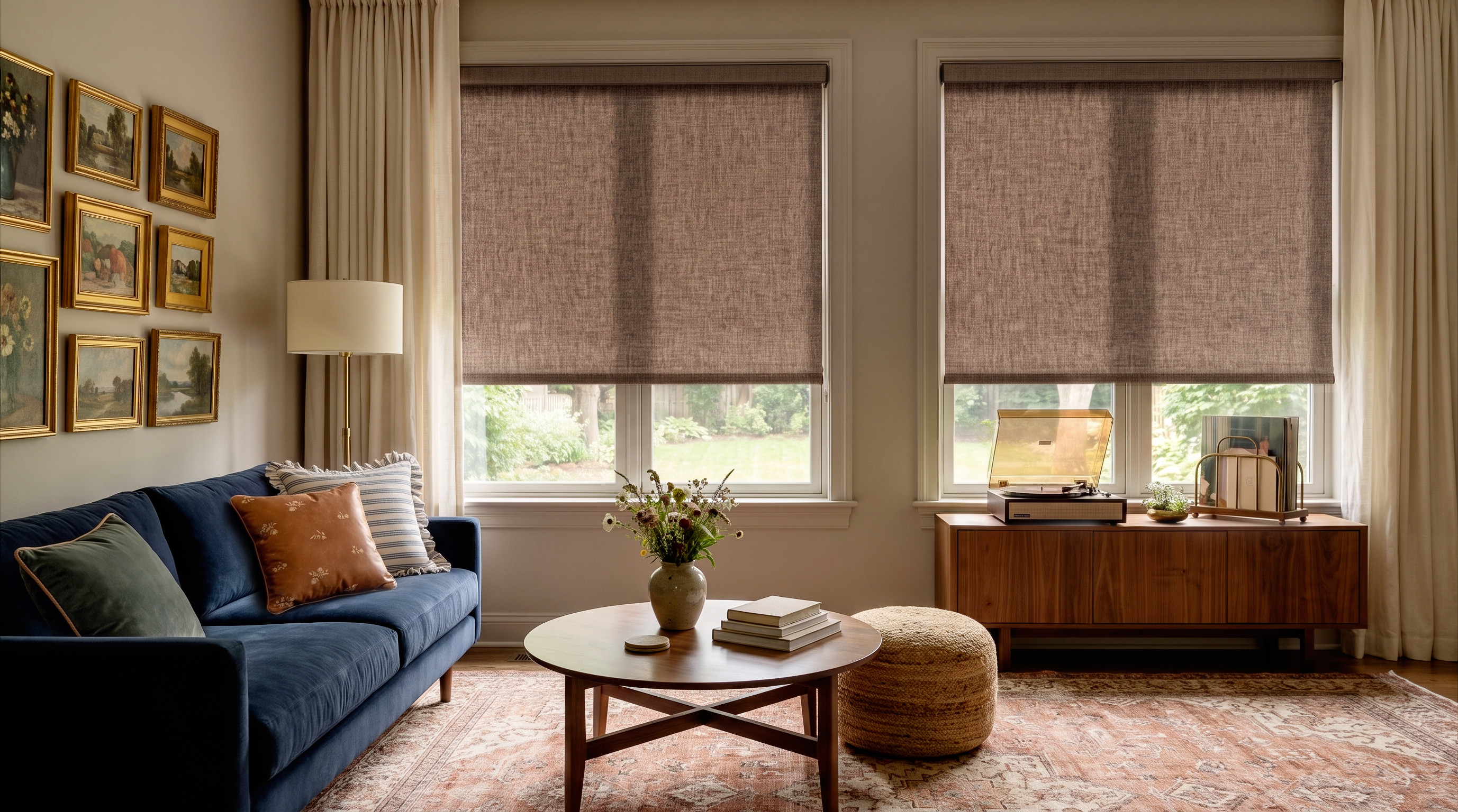 A living room with roller shades