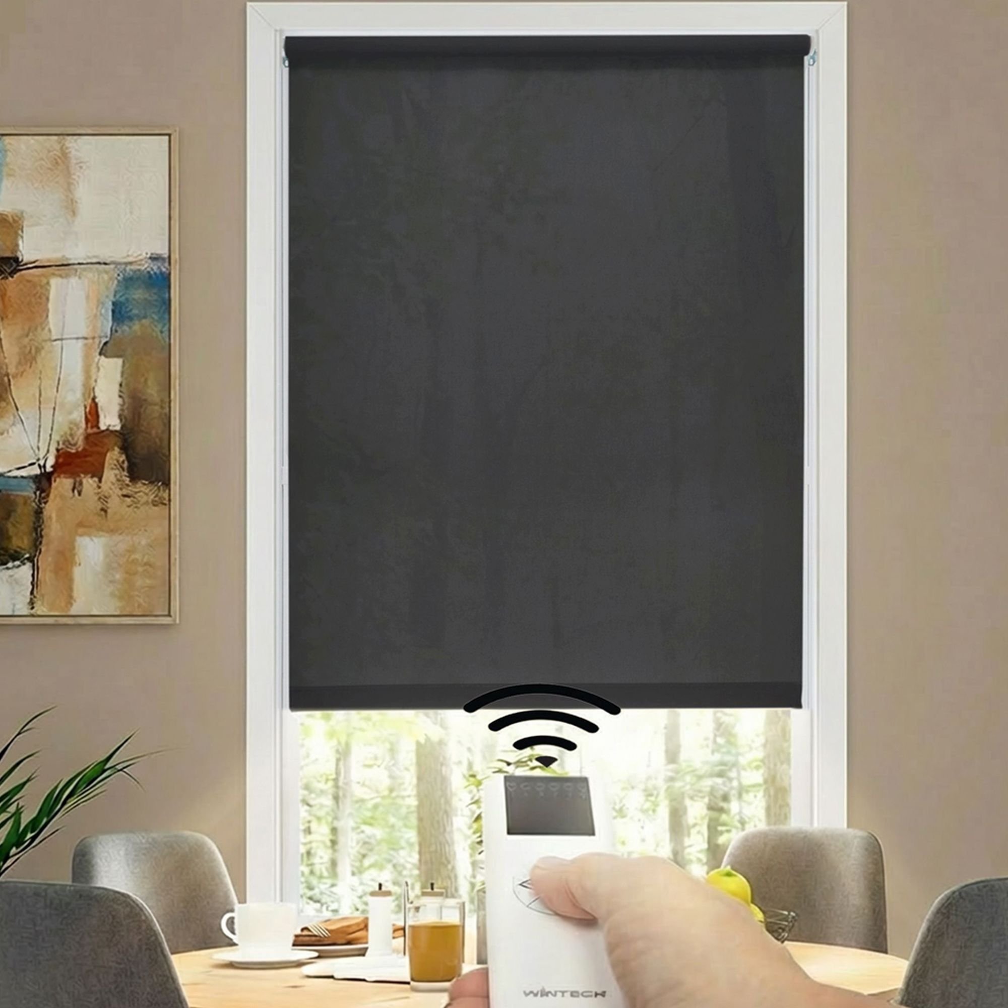 Motorized Deluxe Light Filtering Fabric Roller Shades - Black