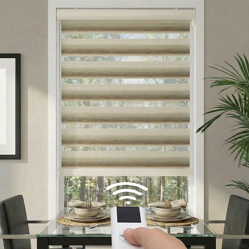 Motorized Deluxe Light Filtering Zebra Dual Shades - Madera Ivory