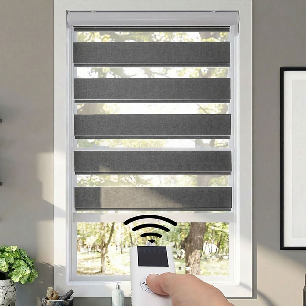 Motorized Deluxe Room Darkening Zebra Dual Shades  - Dark Grey