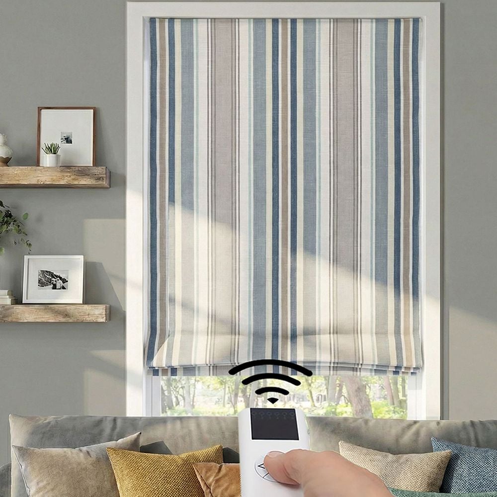 Motorized Premium Flat Fold Roman Shades - Bridgewater Stripe Spa