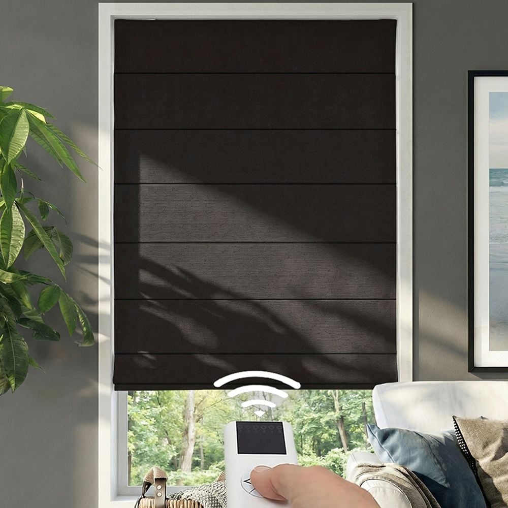 Motorized Premium Plain Fold Roman Shades - Solange Black Pearl 
