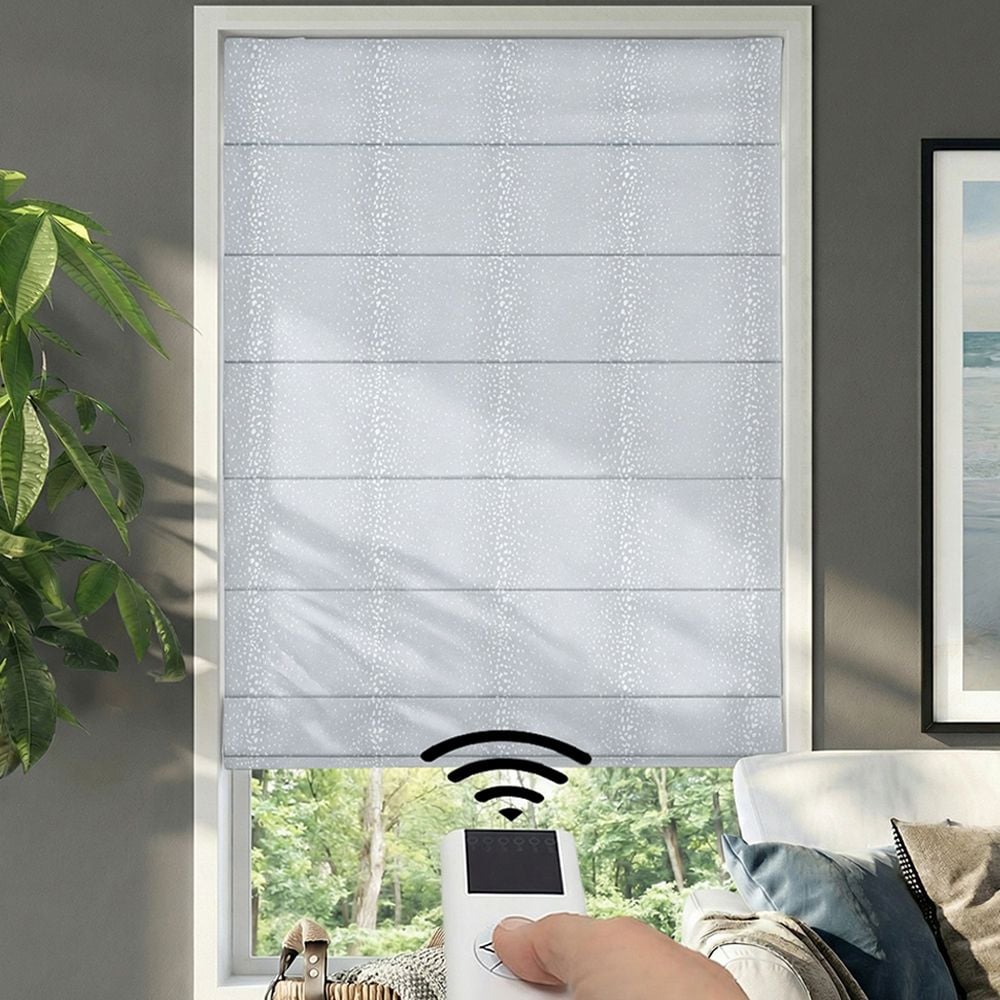 Motorized Premium Plain Fold Roman Shades - Antelope Mineral Blue