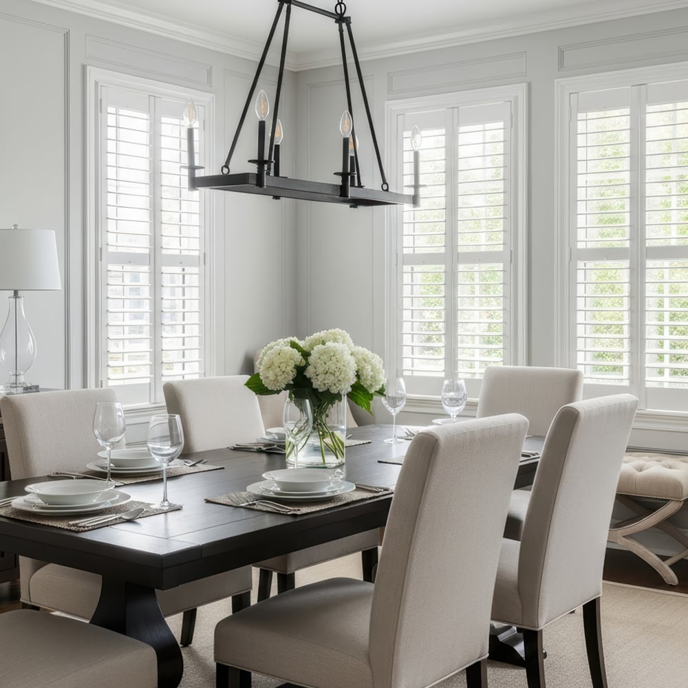 A dining room with white shutters