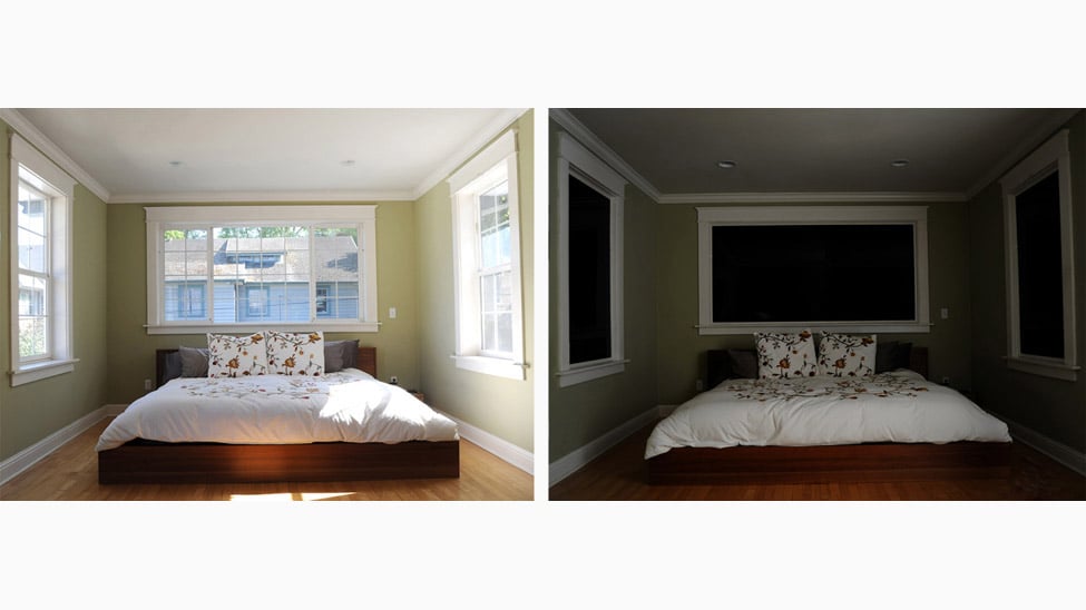 Blackout shades darkening a room