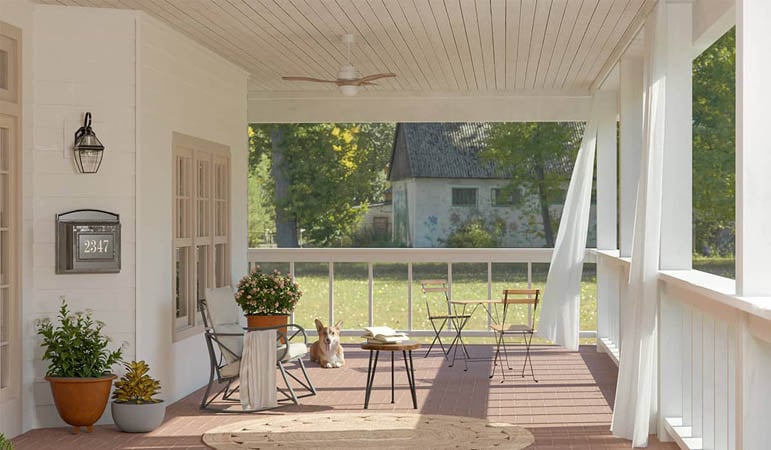 Outdoor curtains on a front porch