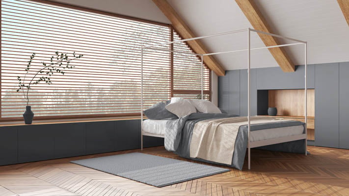 Wood blinds in attic windows