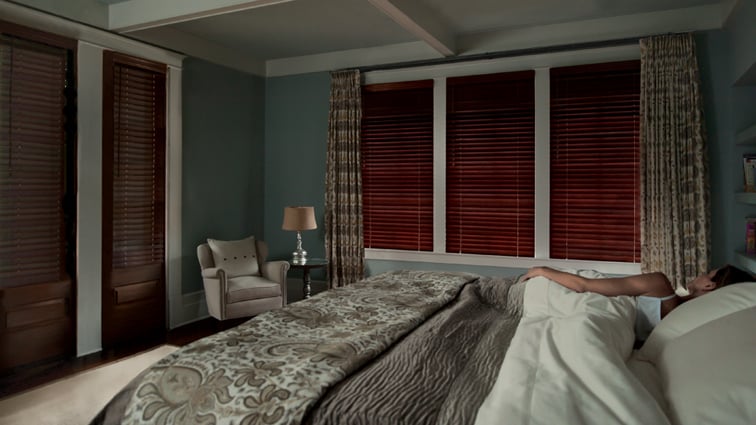 Wood Blinds and Curtains in Bedroom