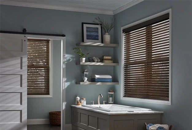 Durable faux wood blinds in a bathroom