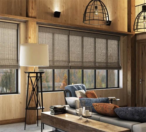 Custom bamboo shades in a living room