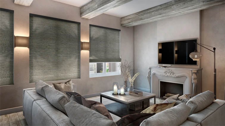 Green bamboo shades in a living room