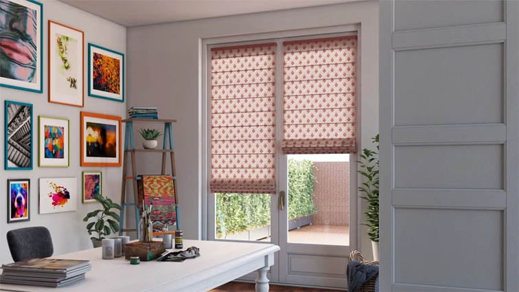 Roman shades on a door in orange tones