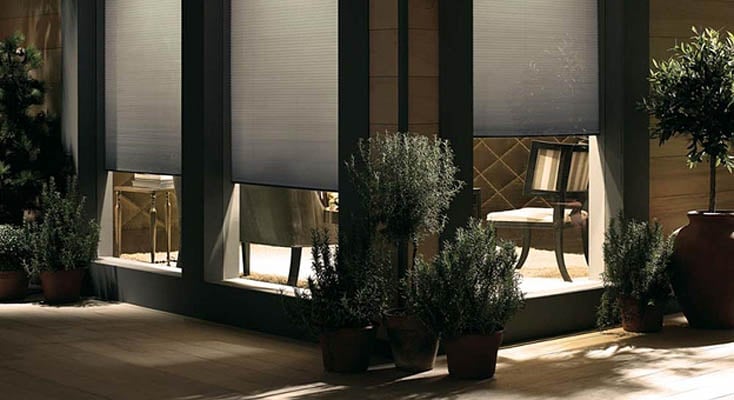 View of cellular shades from outside at night