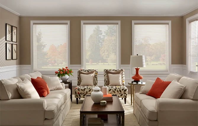 Faux wood blinds in a living room