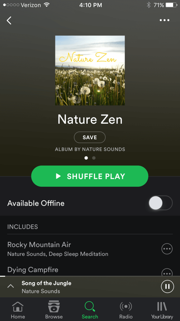 Play ambient nature sounds on Spotify or iTunes Radio