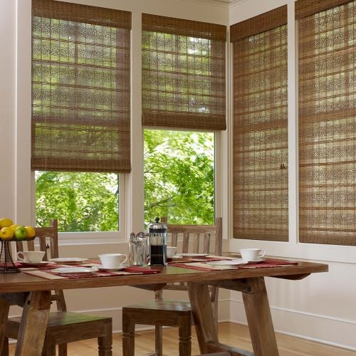 Airy bamboo shades in a dining room